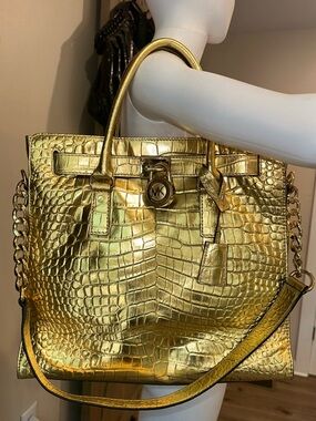 Michael Kors Gold Crocodile Embossed Satchel